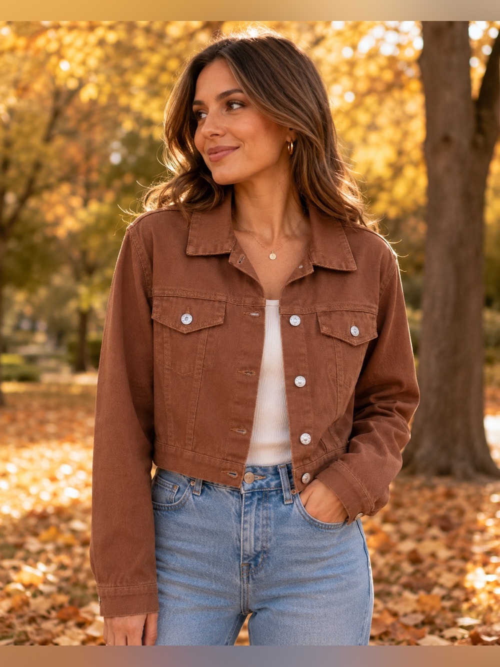 SHEIN Brown Cropped Denim Jacket Size Large – Fall Essential